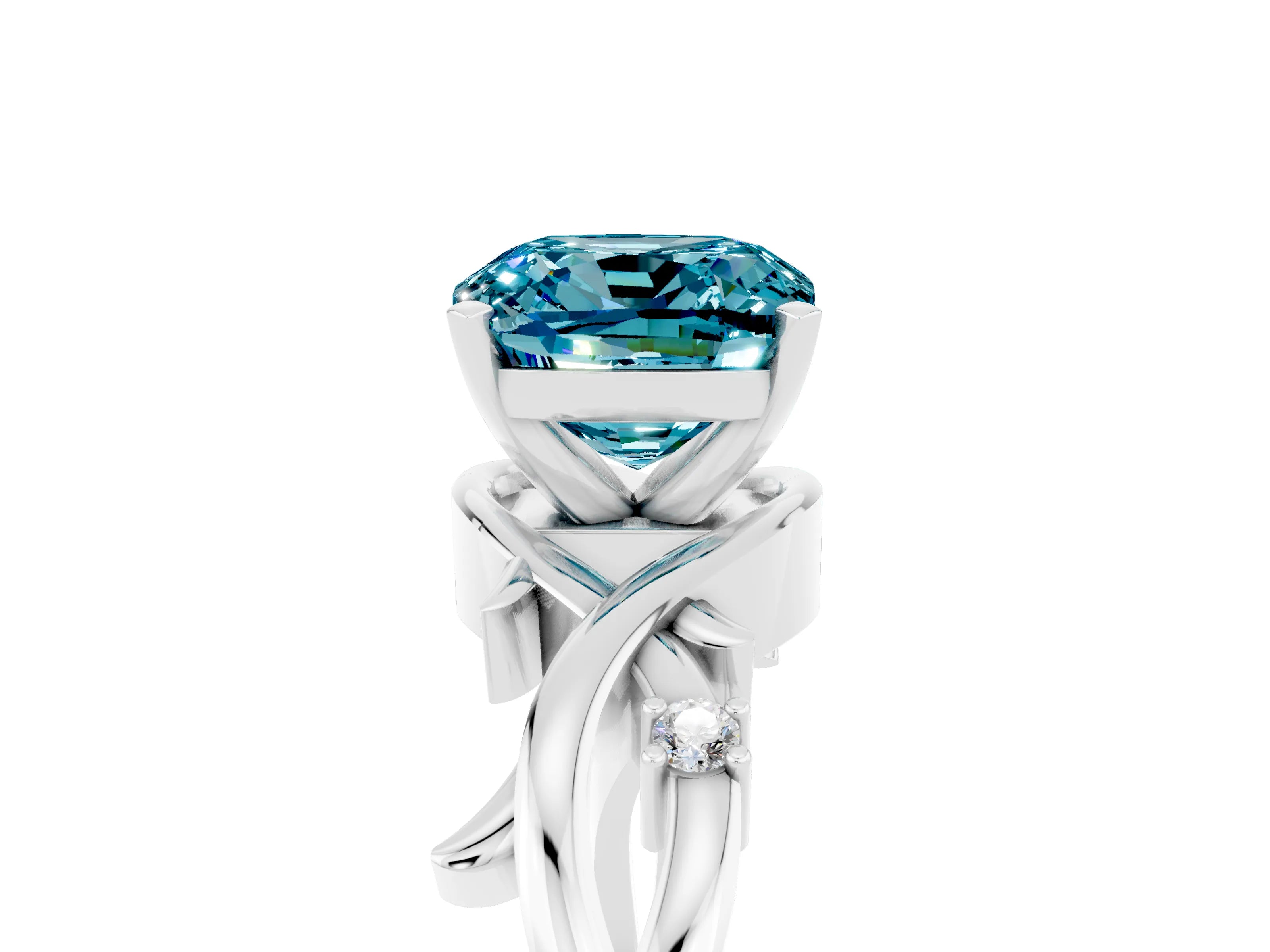 White gold Cushion Cut Blue Topaz Solitaire Ring with Twisted Band and Prong Setting_17
