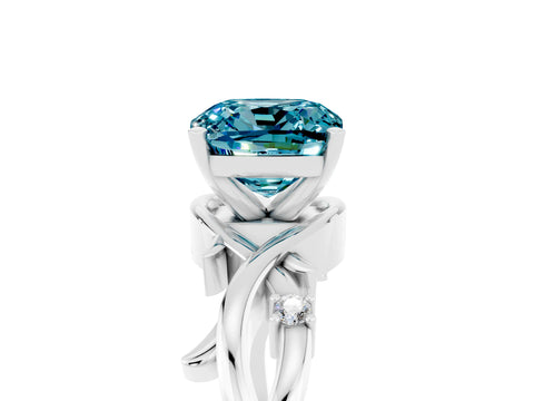 White gold Cushion Cut Blue Topaz Solitaire Ring with Twisted Band and Prong Setting_17