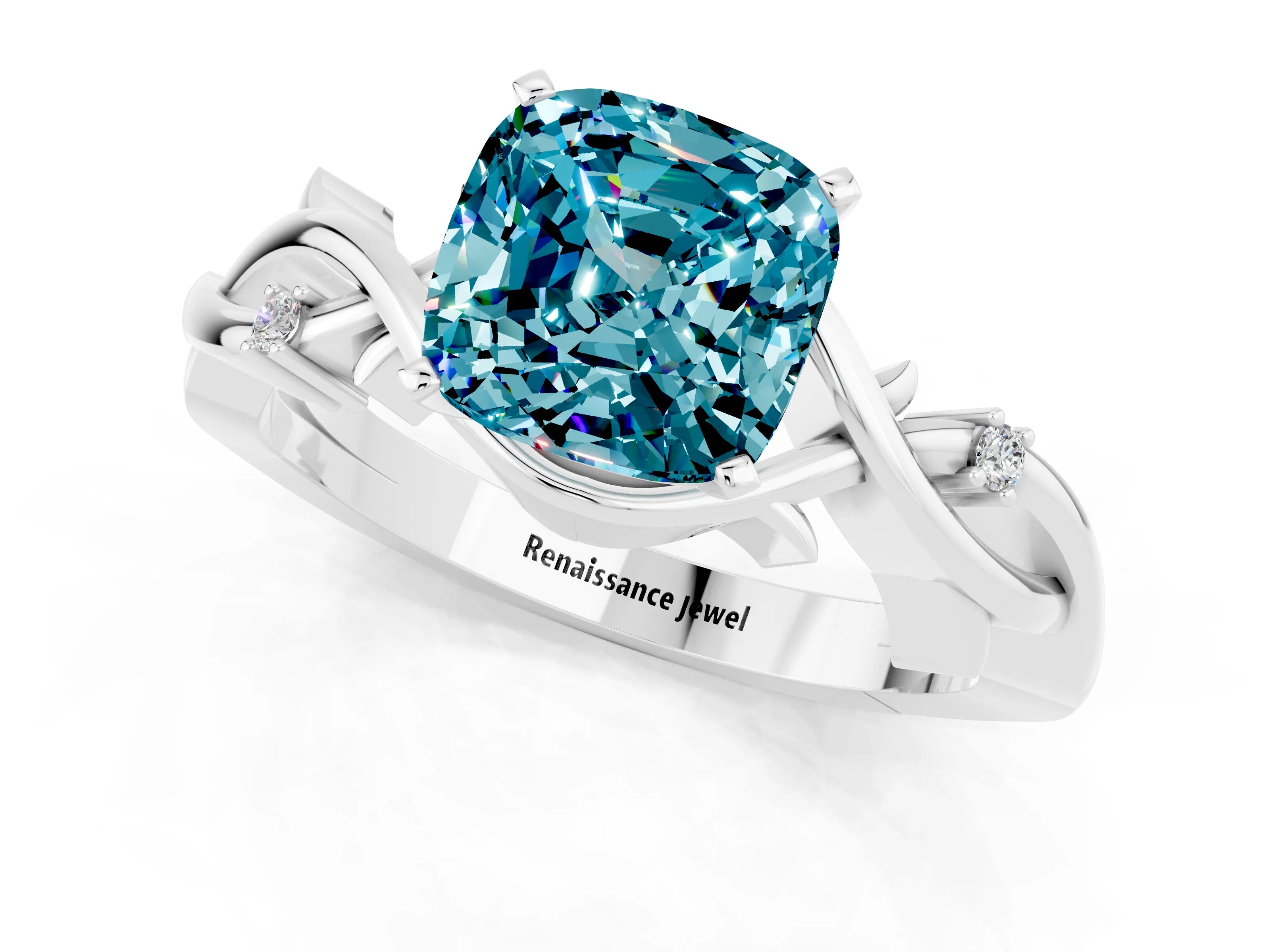 White gold Cushion Cut Blue Topaz Solitaire Ring with Twisted Band and Prong Setting_1