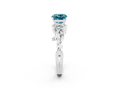 White gold Cushion Cut Blue Topaz Solitaire Ring with Twisted Band and Prong Setting_2