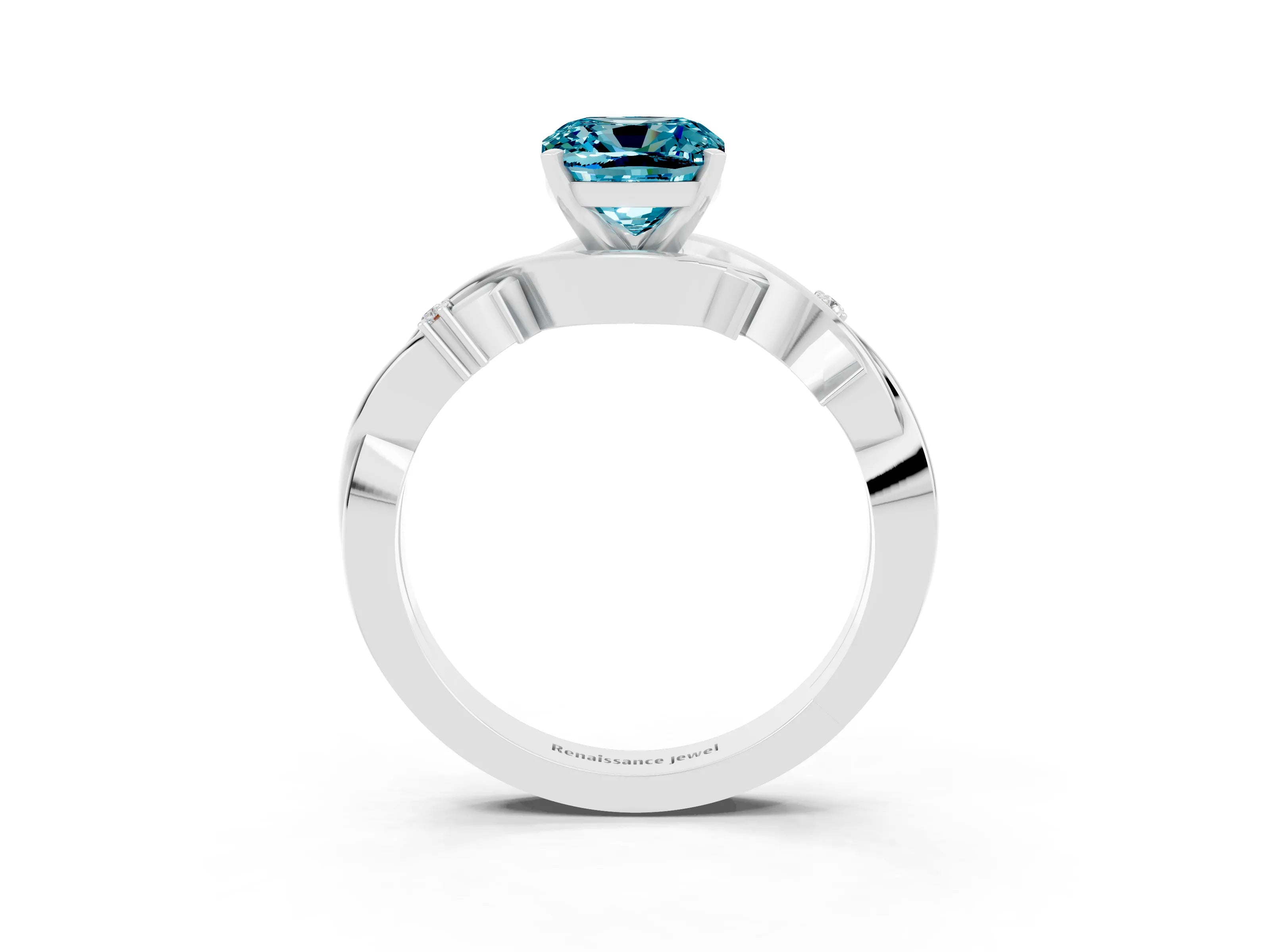 White gold Cushion Cut Blue Topaz Solitaire Ring with Twisted Band and Prong Setting_3