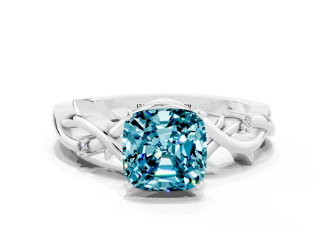 White gold Cushion Cut Blue Topaz Solitaire Ring with Twisted Band and Prong Setting