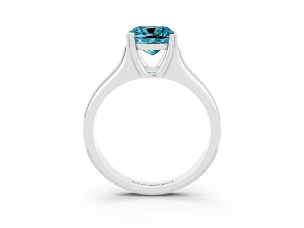 White gold Cushion Cut Blue Topaz Solitaire Ring with Wide Band and Prong Setting