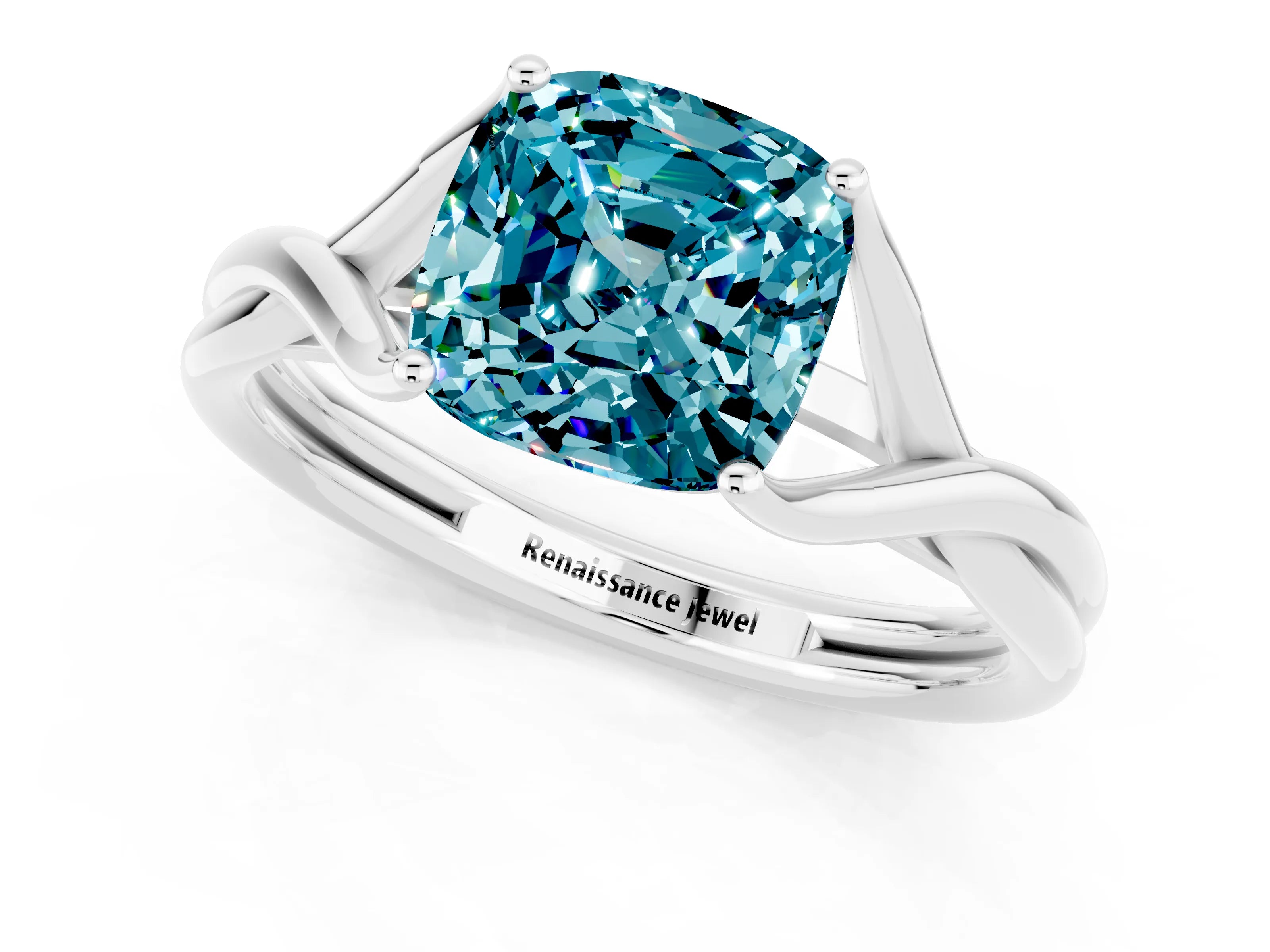 White gold Cushion Cut Blue Topaz Solitaire Twist Band Prong Setting Ring_73