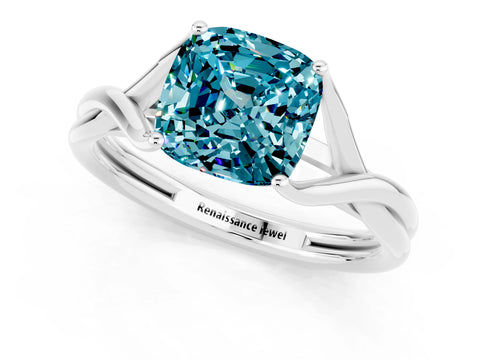 White gold Cushion Cut Blue Topaz Solitaire Twist Band Prong Setting Ring_73