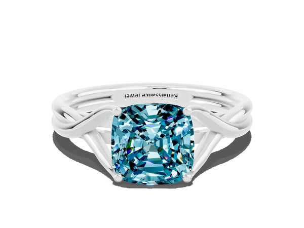 Silver Cushion Cut Blue Topaz Solitaire Twist Band Prong Setting Ring