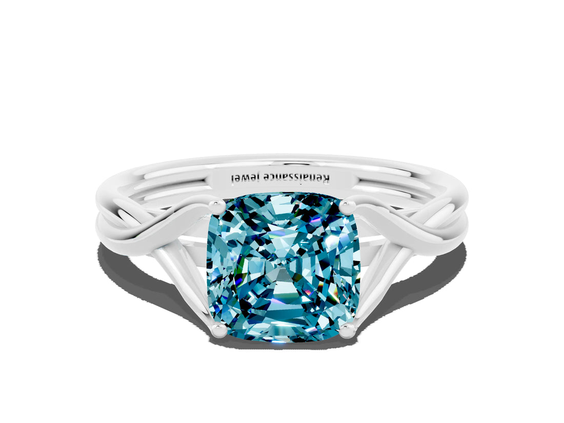 White gold Cushion Cut Blue Topaz Solitaire Twist Band Prong Setting Ring_78