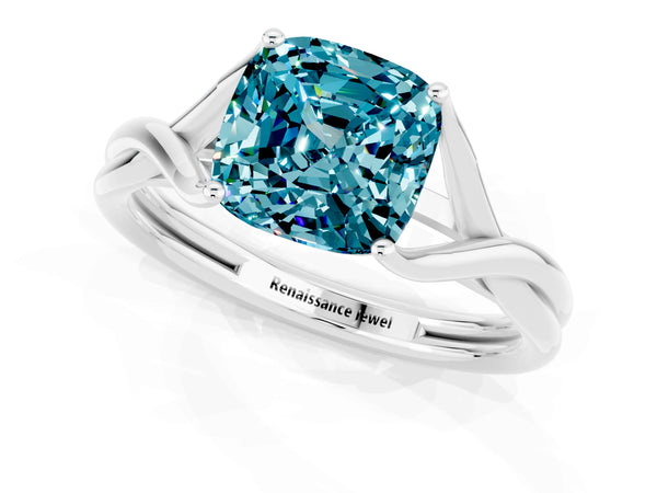 Silver Cushion Cut Blue Topaz Solitaire Twist Band Prong Setting Ring