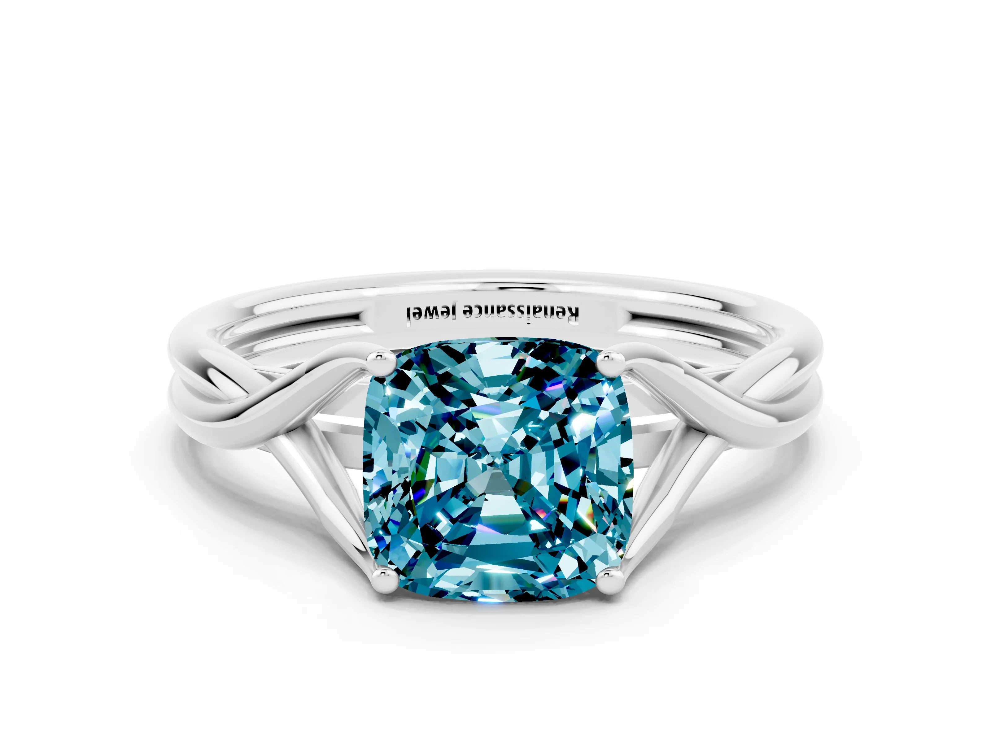 White gold Cushion Cut Blue Topaz Solitaire Twist Band Prong Setting Ring_92