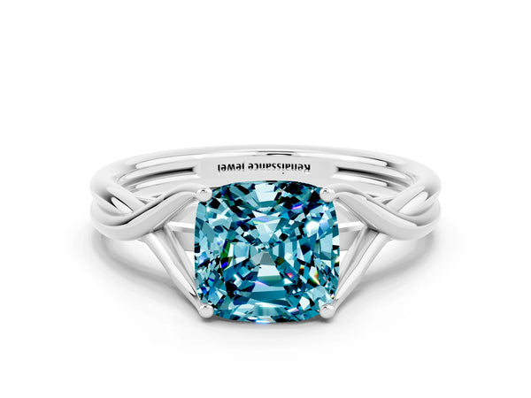 Platinum Cushion Cut Blue Topaz Solitaire Twist Band Prong Setting Ring