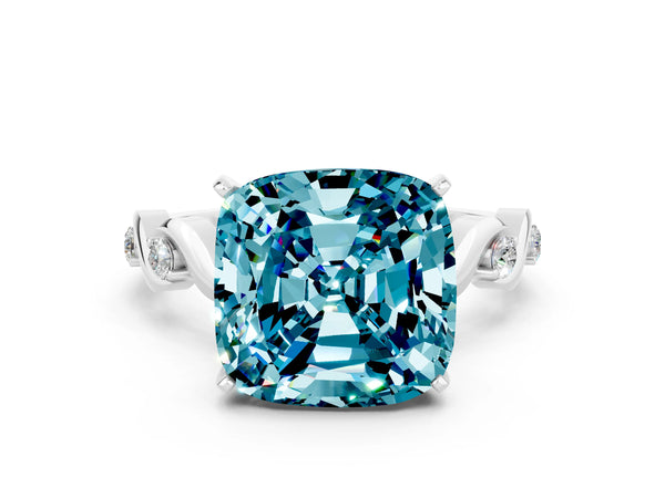 Platinum Cushion Cut Blue Topaz Solitaire Twisted Band with Round  Accents and Prong Setting