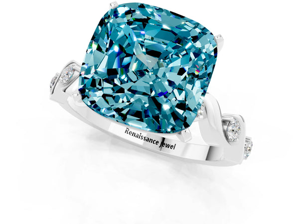 White gold Cushion Cut Blue Topaz Solitaire Twisted Band with Round  Accents and Prong Setting