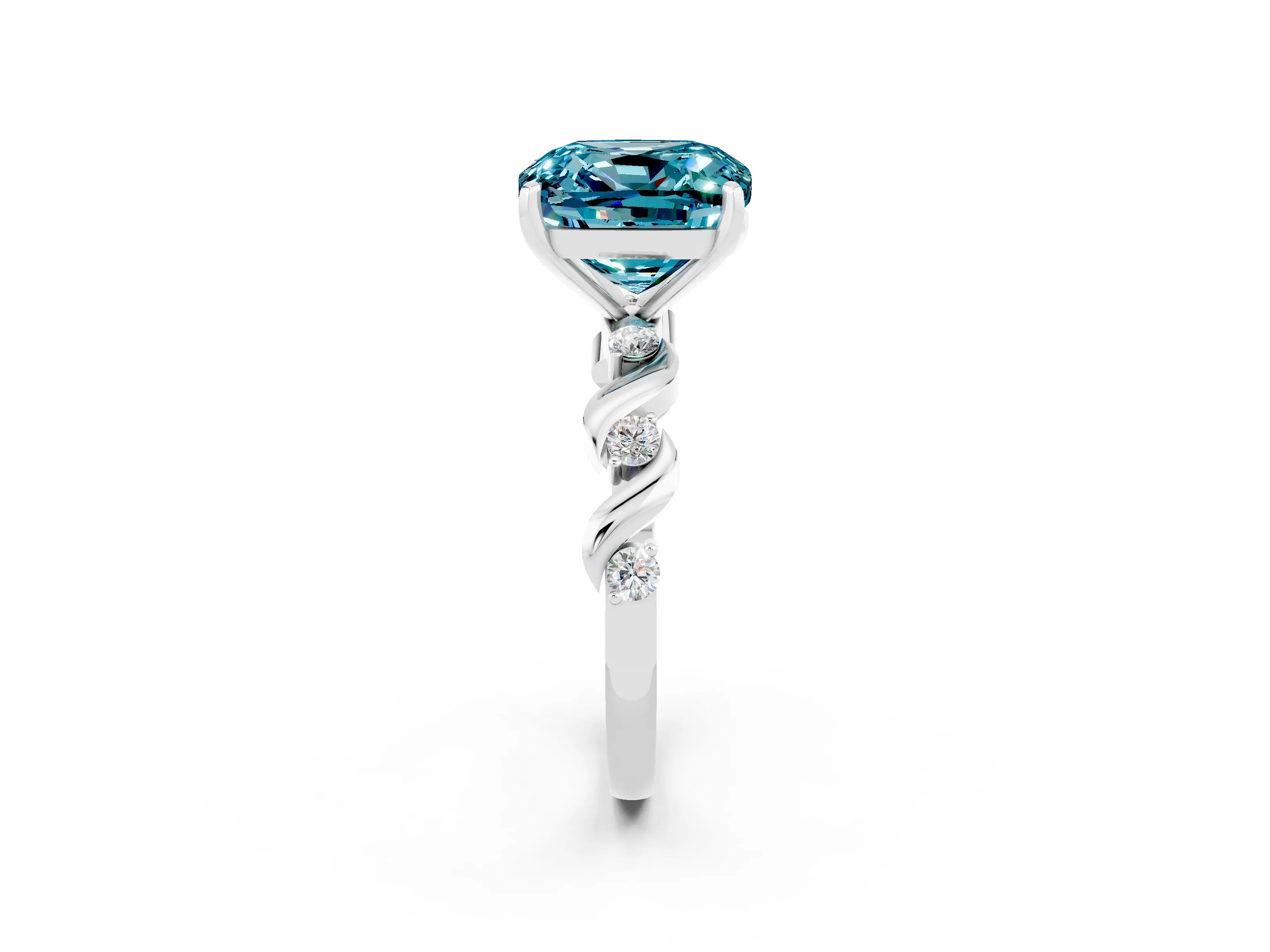 White gold Cushion Cut Blue Topaz Solitaire Twisted Band with Round  Accents and Prong Setting_26