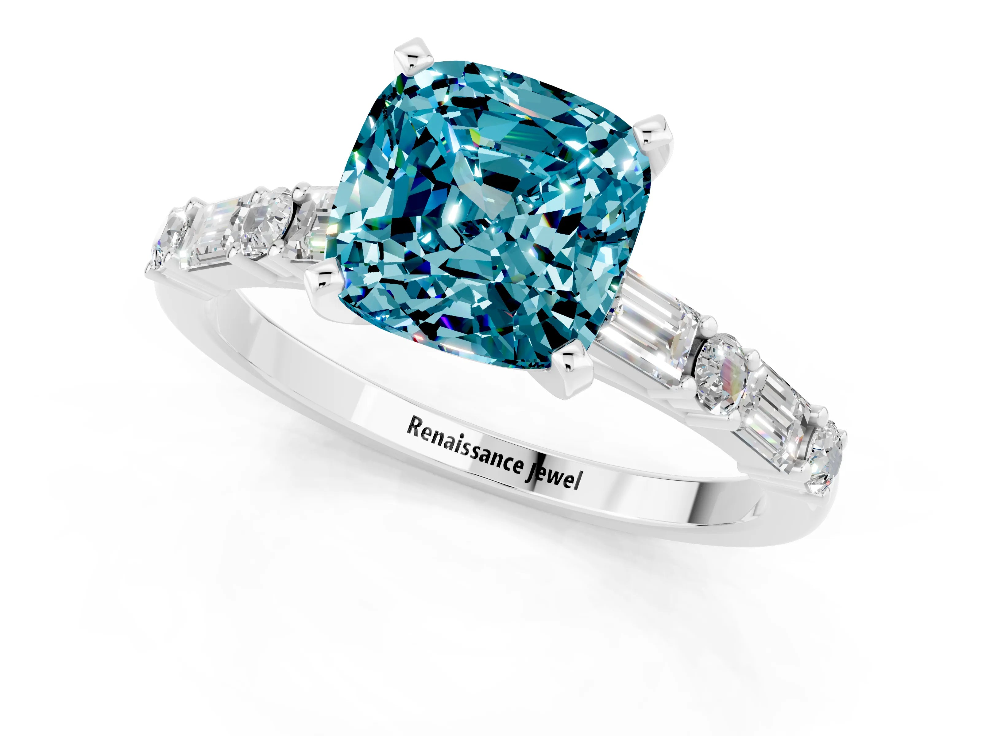 White gold Cushion Cut Blue Topaz Solitaire with Side Baguettes and Channel Set Band_1
