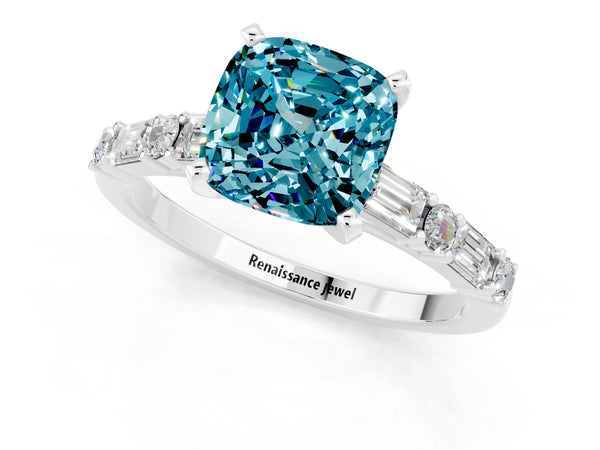 Silver Cushion Cut Blue Topaz Solitaire with Side Baguettes and Channel Set Band