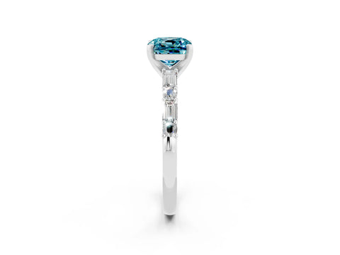 White gold Cushion Cut Blue Topaz Solitaire with Side Baguettes and Channel Set Band_2