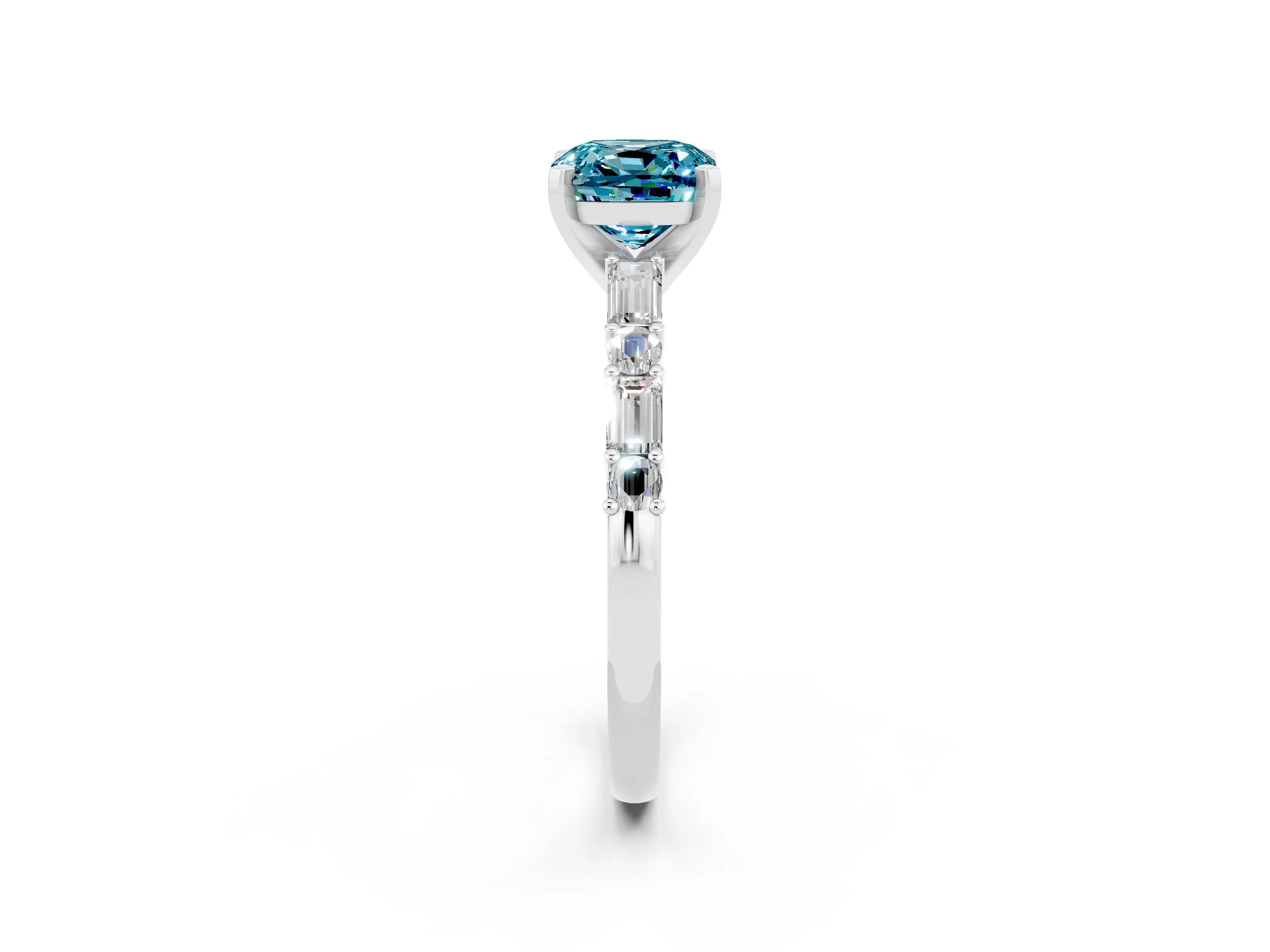 White gold Cushion Cut Blue Topaz Solitaire with Side Baguettes and Channel Set Band_2