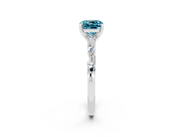 Silver Cushion Cut Blue Topaz Solitaire with Side Baguettes and Channel Set Band