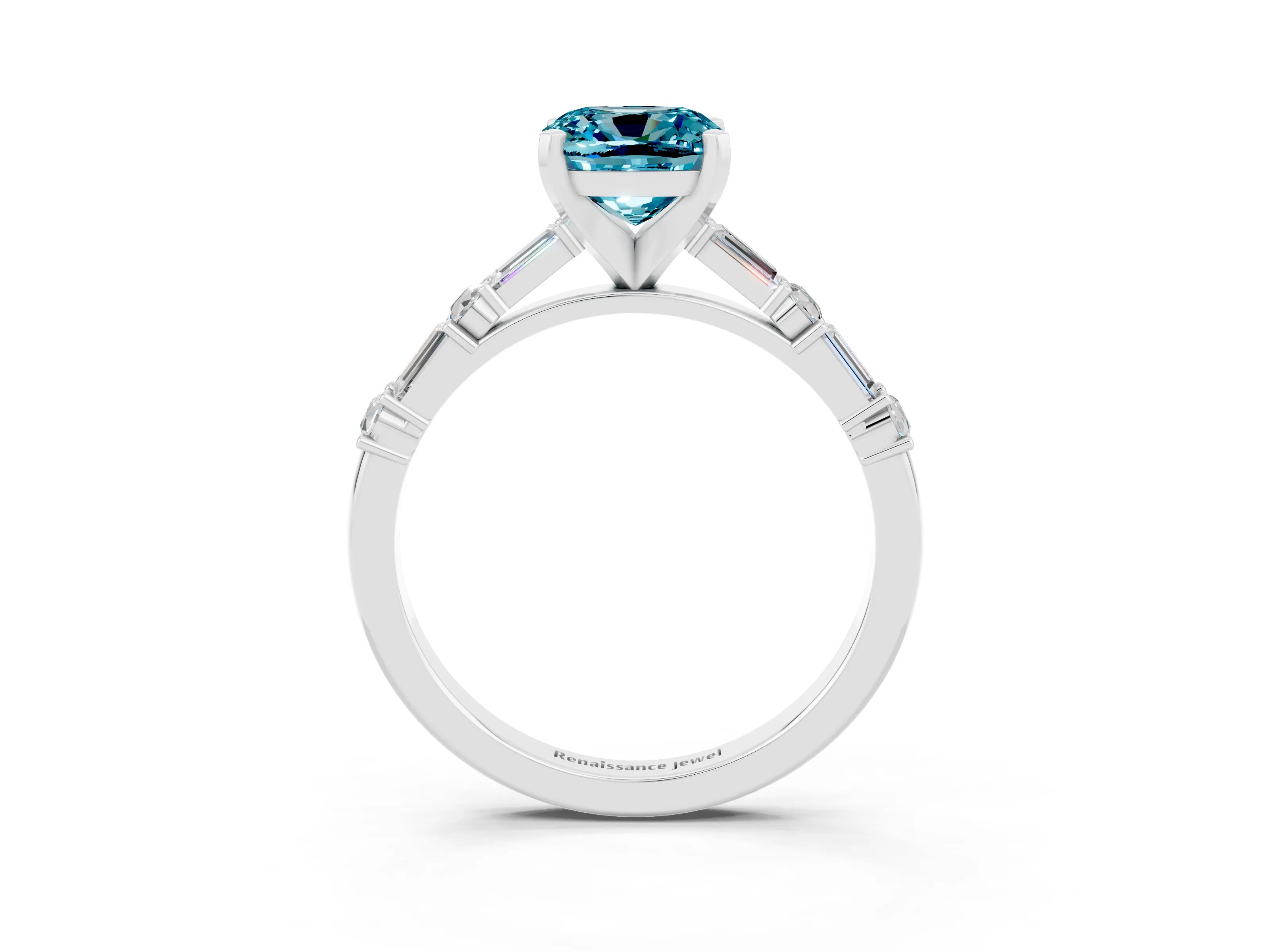 White gold Cushion Cut Blue Topaz Solitaire with Side Baguettes and Channel Set Band_3