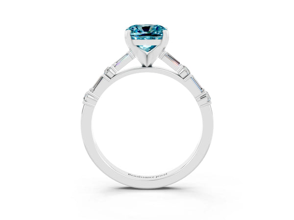 Silver Cushion Cut Blue Topaz Solitaire with Side Baguettes and Channel Set Band
