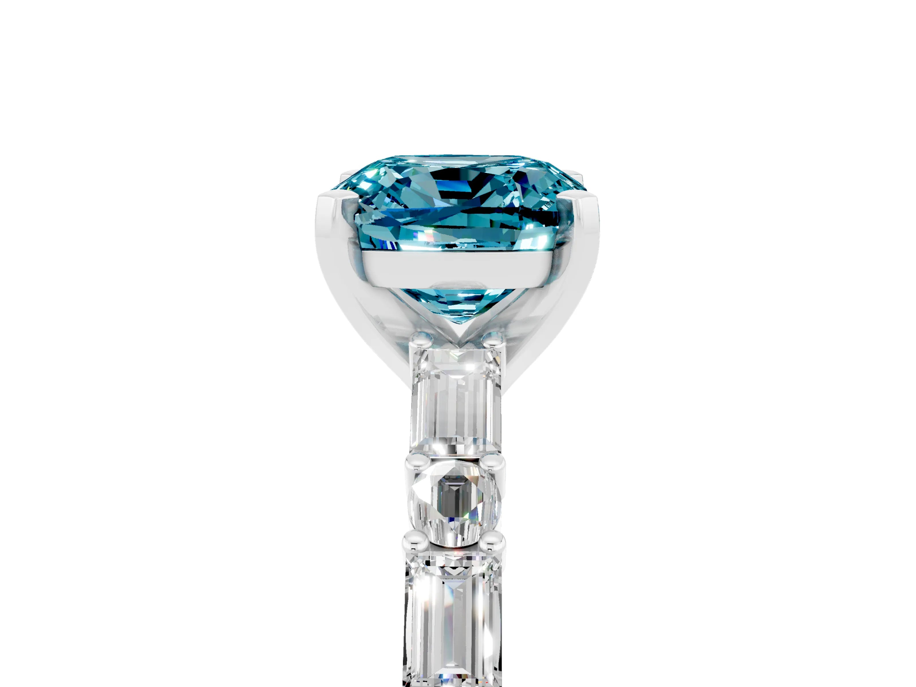 White gold Cushion Cut Blue Topaz Solitaire with Side Baguettes and Channel Set Band_5