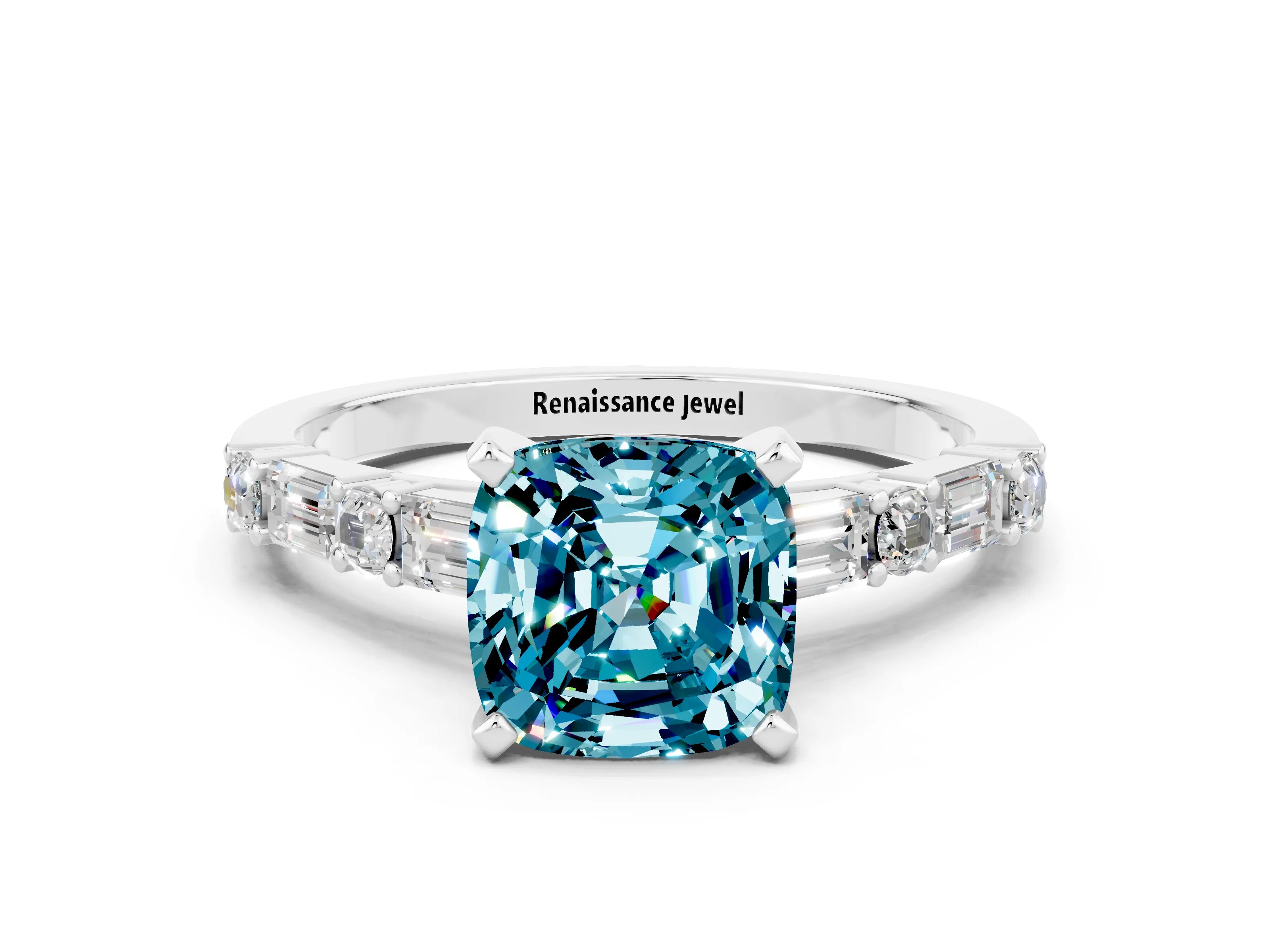 White gold Cushion Cut Blue Topaz Solitaire with Side Baguettes and Channel Set Band