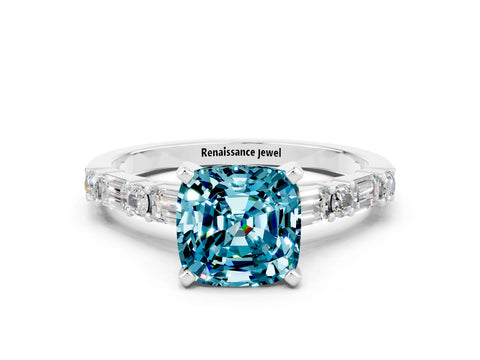 White gold Cushion Cut Blue Topaz Solitaire with Side Baguettes and Channel Set Band