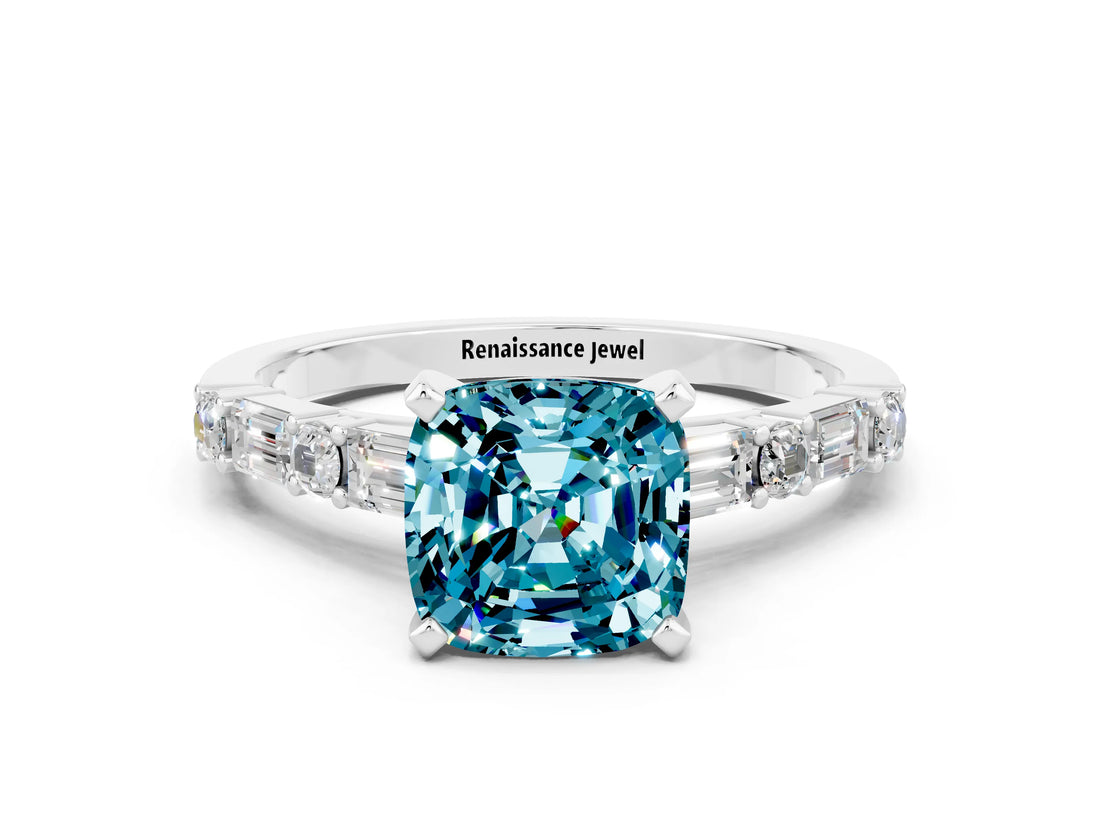 White gold Cushion Cut Blue Topaz Solitaire with Side Baguettes and Channel Set Band