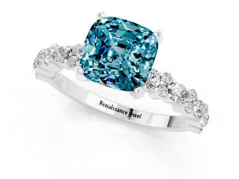 White gold Cushion Cut Blue Topaz Solitaire with Side Stones, Pave Band, Four-Prong Setting_37