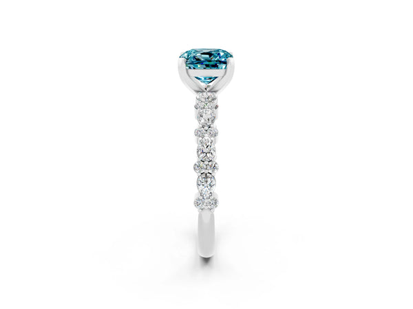 Silver Cushion Cut Blue Topaz Side Stone Solitaire Ring with Round  and Four-Prong Setting