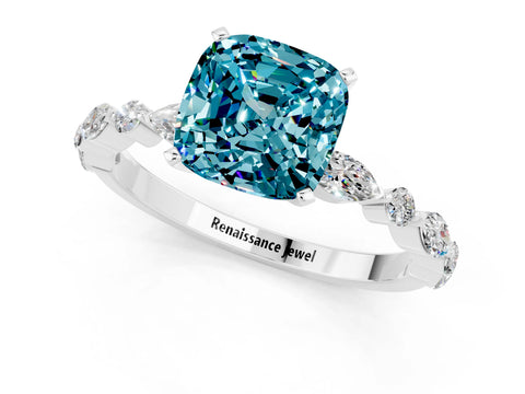 White gold Cushion Cut Blue Topaz Solitaire with Side Stones on a Pavé Band and Four-Prong Setting_1