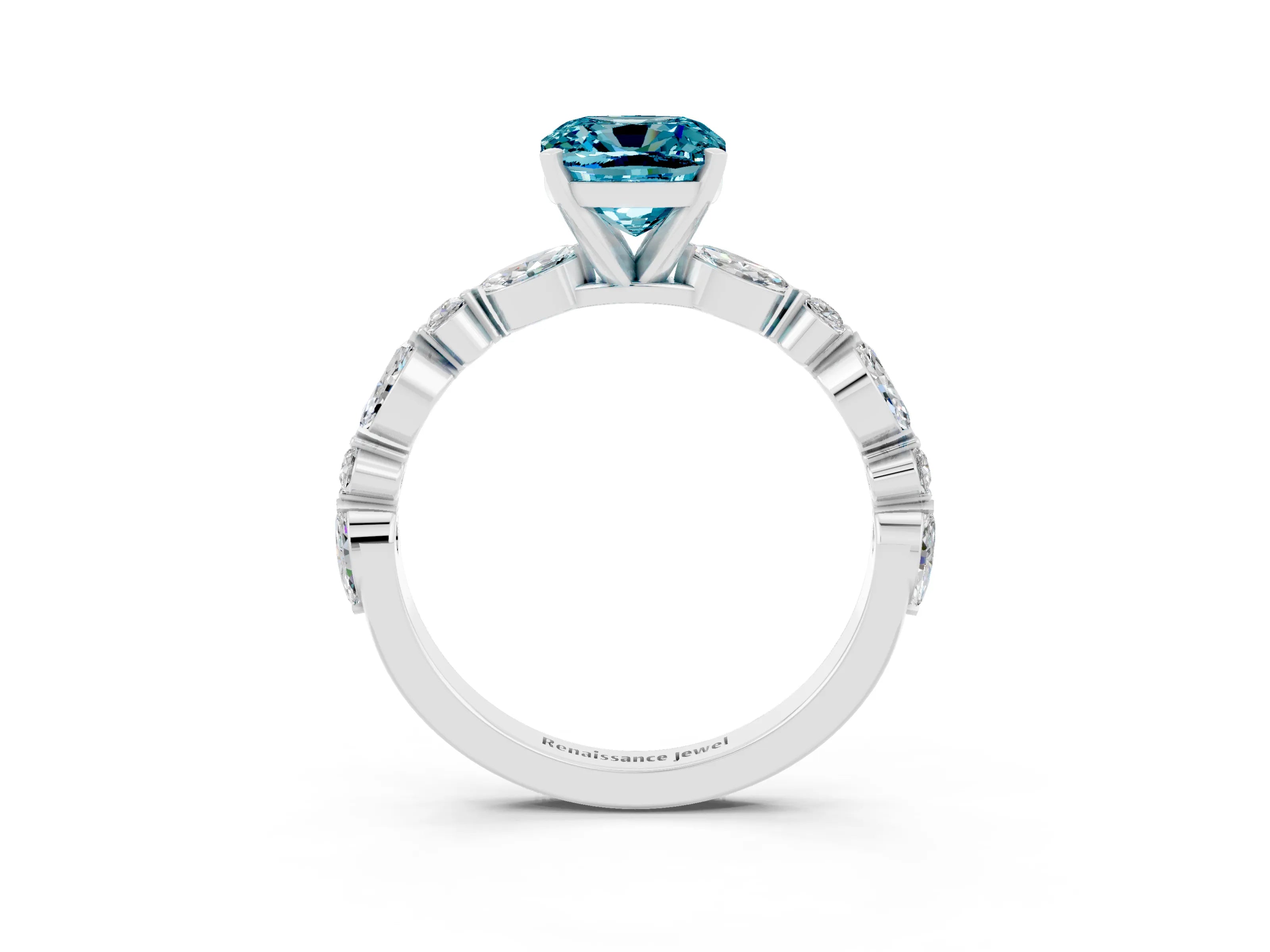 White gold Cushion Cut Blue Topaz Solitaire with Side Stones on a Pavé Band and Four-Prong Setting_3