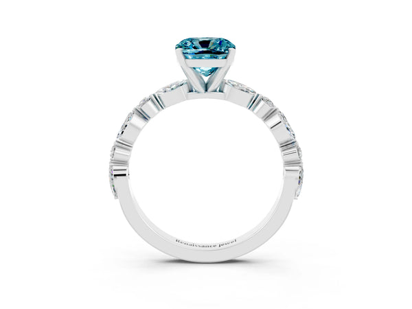 Silver Cushion Cut Blue Topaz Ring with Marquise and Round  Side Stones and Four-Prong Setting