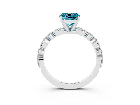 White gold Cushion Cut Blue Topaz Solitaire with Side Stones on a Pavé Band and Four-Prong Setting_3