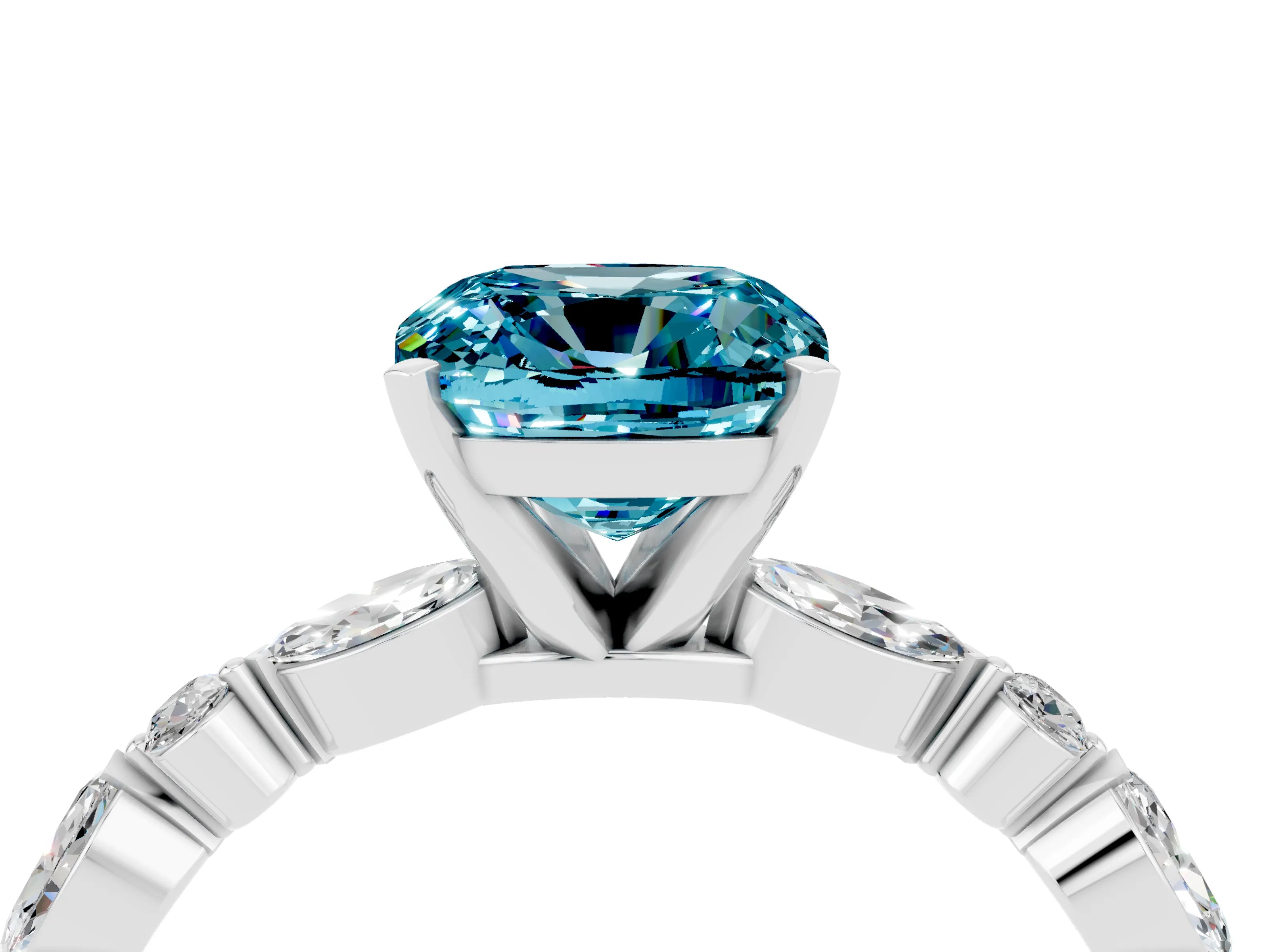 White gold Cushion Cut Blue Topaz Solitaire with Side Stones on a Pavé Band and Four-Prong Setting_4