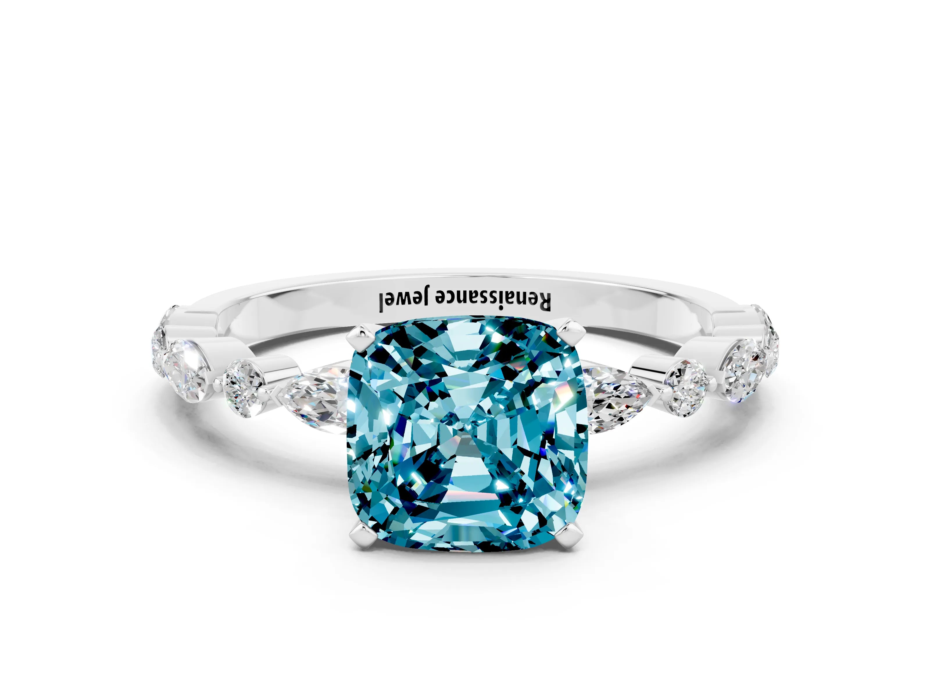White gold Cushion Cut Blue Topaz Solitaire with Side Stones on a Pavé Band and Four-Prong Setting