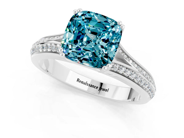 White gold Cushion Cut Blue Topaz Split Shank Engagement Ring with Pavé Band