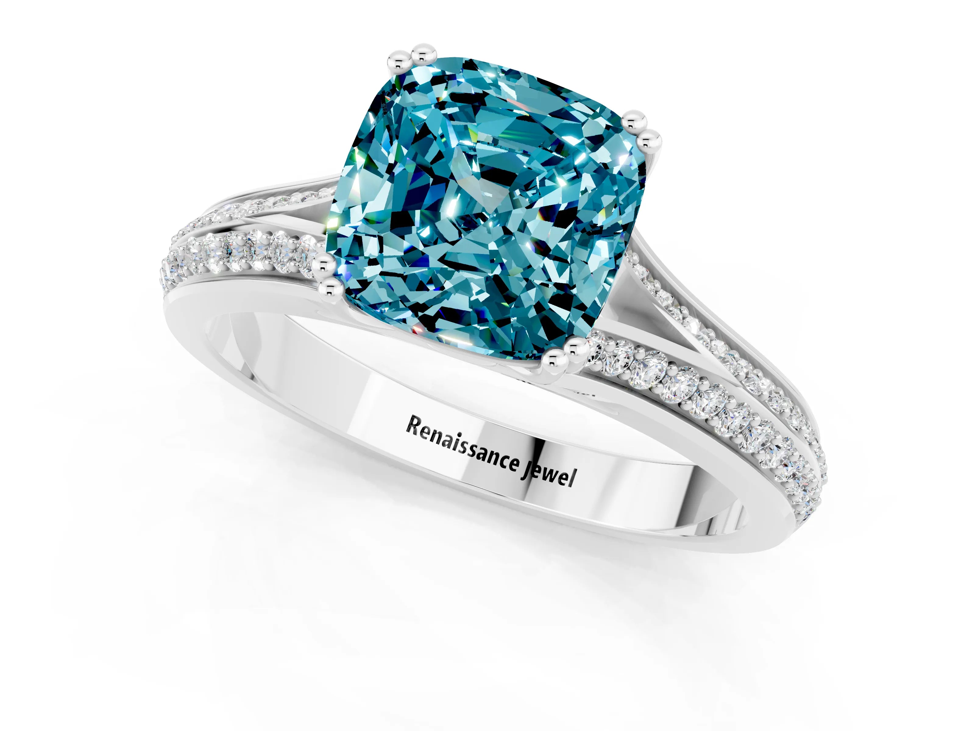 White gold Cushion Cut Blue Topaz Split Shank Engagement Ring with Pavé Band_1