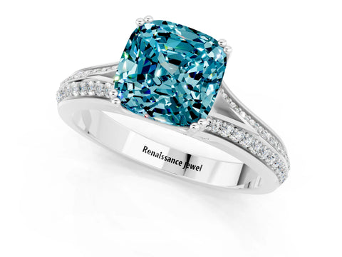 White gold Cushion Cut Blue Topaz Split Shank Engagement Ring with Pavé Band_1