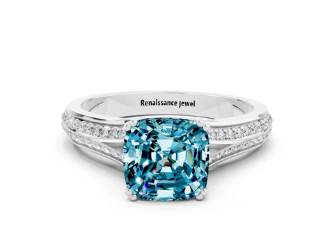White gold Cushion Cut Blue Topaz Split Shank Engagement Ring with Pavé Band