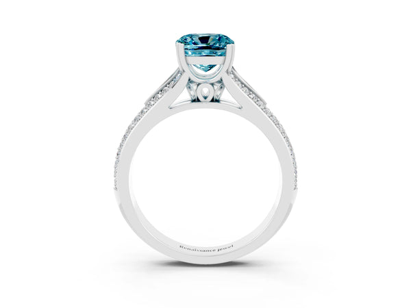 Platinum Cushion Cut Blue Topaz Split Shank Engagement Ring with Pavé Band