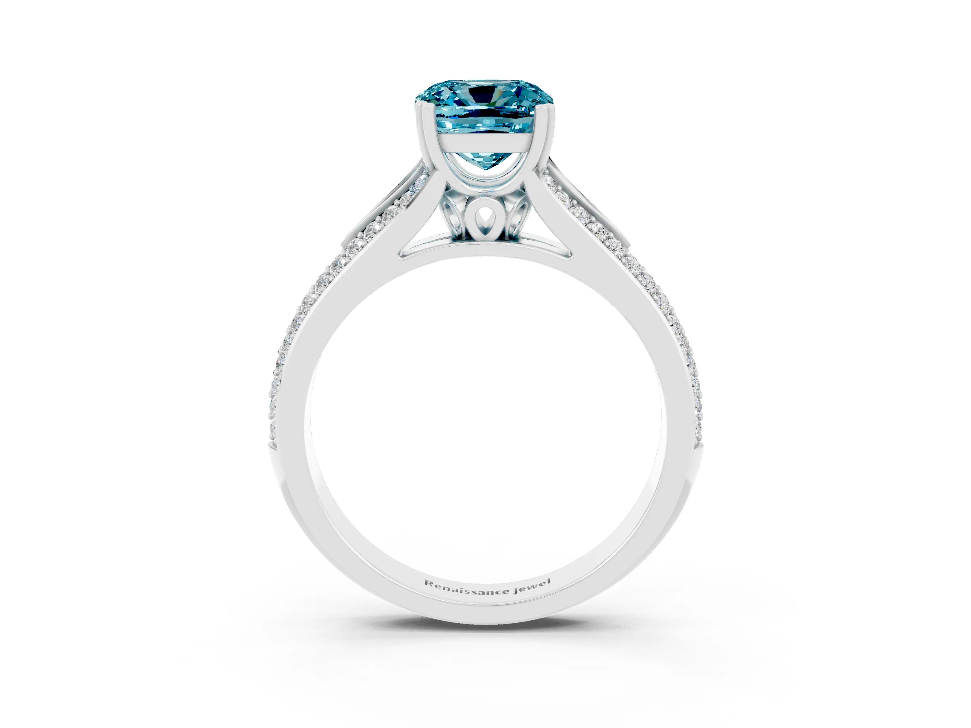 White gold Cushion Cut Blue Topaz Split Shank Engagement Ring with Pavé Band_3