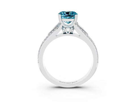 White gold Cushion Cut Blue Topaz Split Shank Engagement Ring with Pavé Band_3