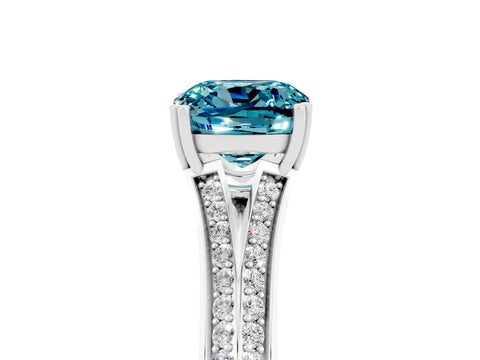 White gold Cushion Cut Blue Topaz Split Shank Engagement Ring with Pavé Band_5