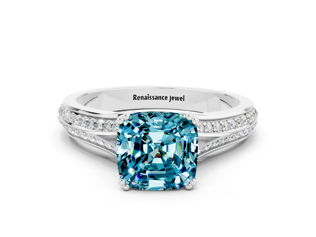 White gold Cushion Cut Blue Topaz Split Shank Engagement Ring with Pavé Band