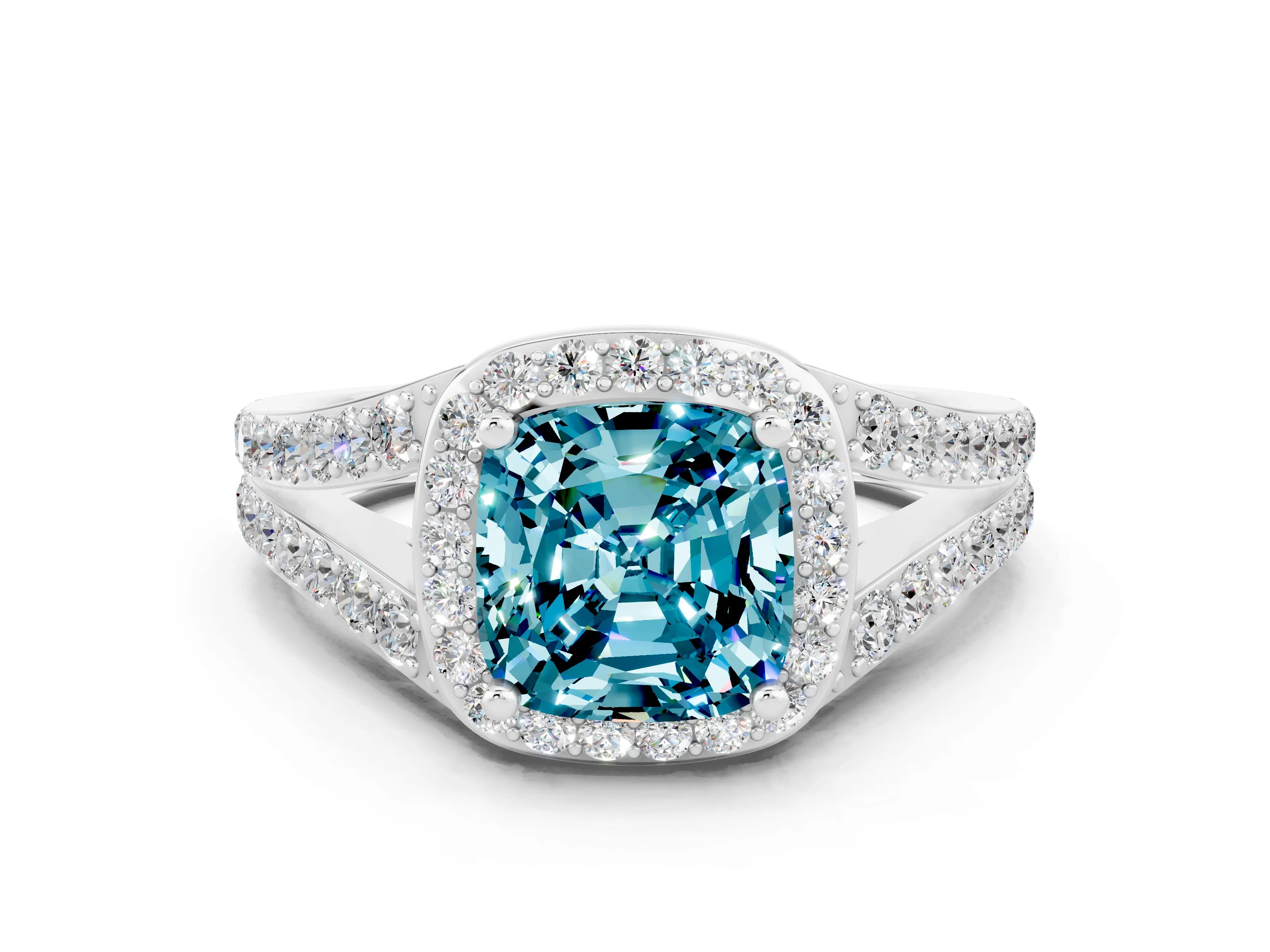 White gold Cushion Cut Blue Topaz Split Shank Halo Ring with Four-Prong Setting_12