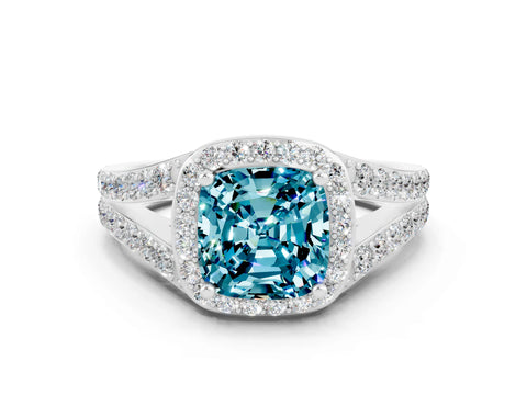 White gold Cushion Cut Blue Topaz Split Shank Halo Ring with Four-Prong Setting_12