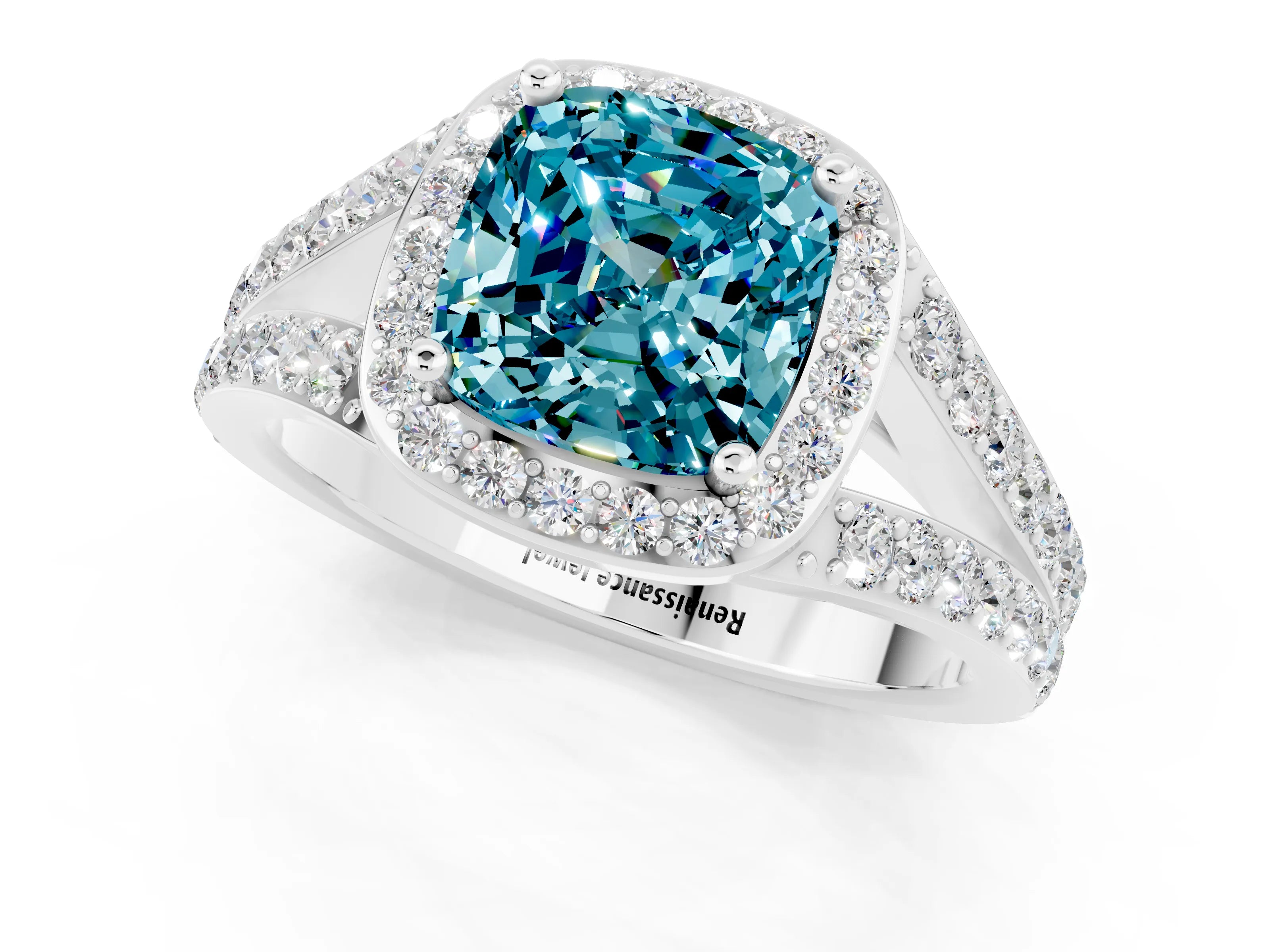 White gold Cushion Cut Blue Topaz Split Shank Halo Ring with Four-Prong Setting_13