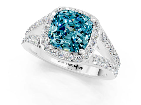 White gold Cushion Cut Blue Topaz Split Shank Halo Ring with Four-Prong Setting_13