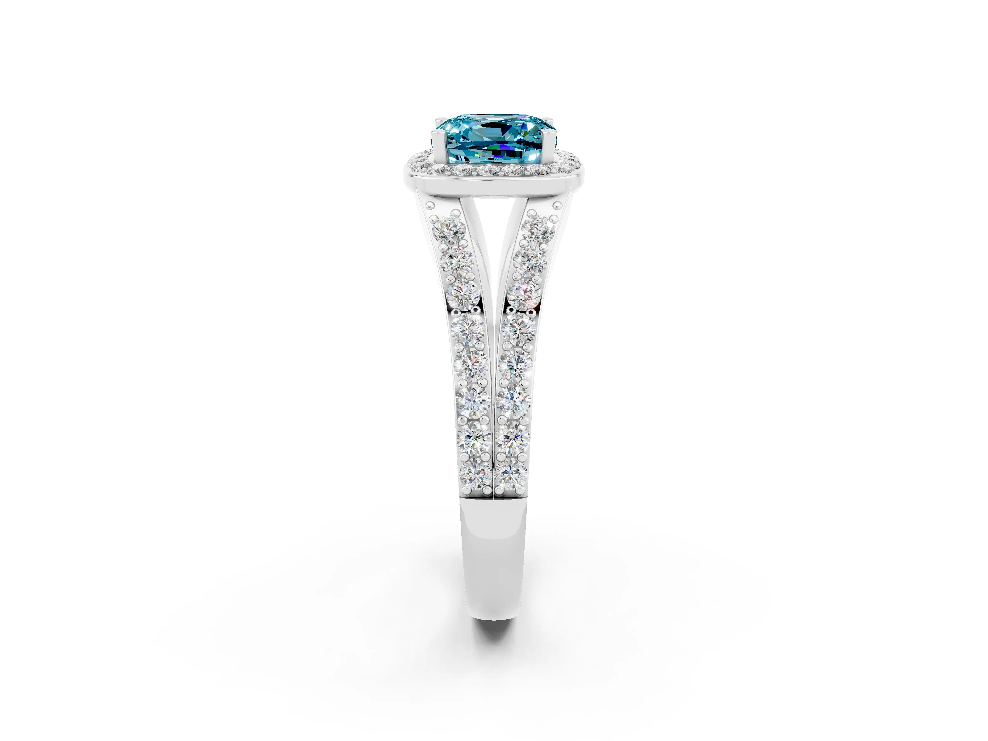 White gold Cushion Cut Blue Topaz Split Shank Halo Ring with Four-Prong Setting_14
